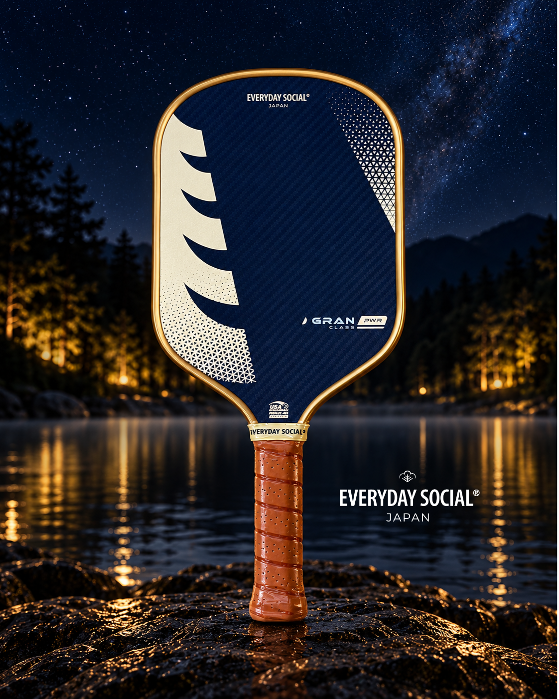 GRAN CLASS PWR Gen4 pickleball paddle in Navy & Gold — front view with gold edge guard