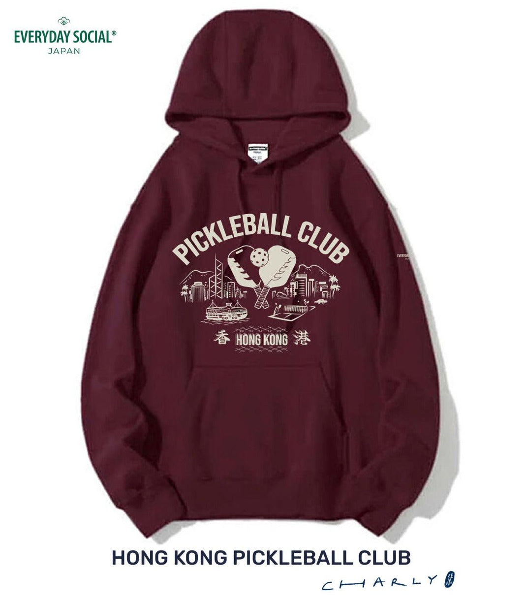 Burgundy hoodie with 'Pickleball Club Hong Kong' print