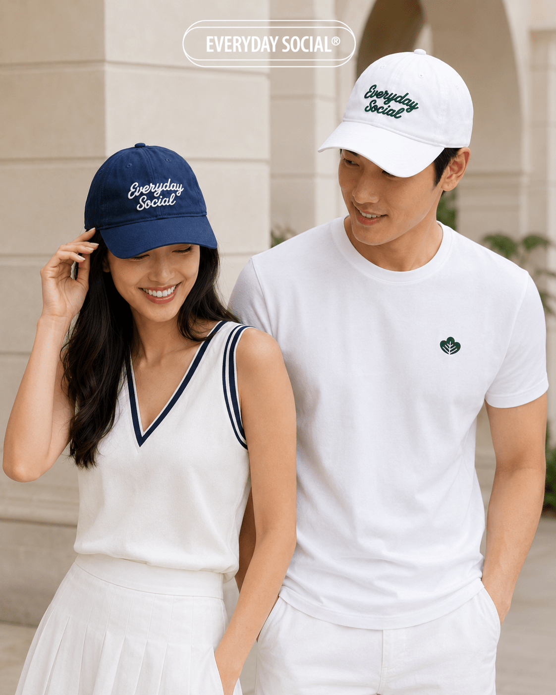 Models wearing EVERYDAY SOCIAL Signature Hats in white and navy