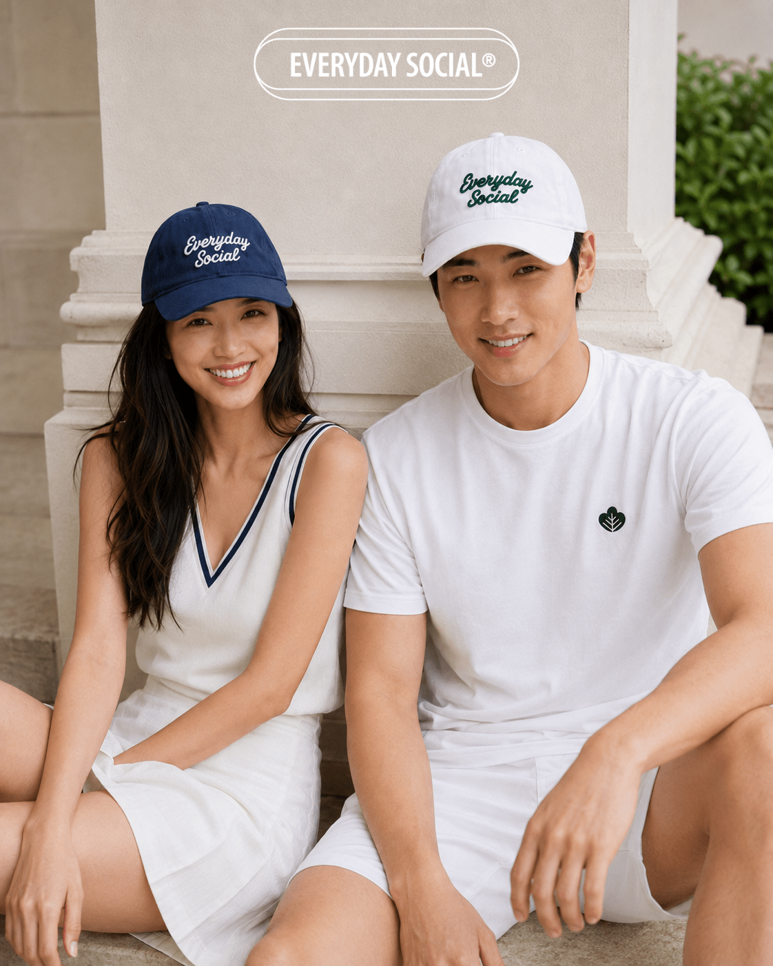 Models wearing EVERYDAY SOCIAL Signature Hats in white and navy