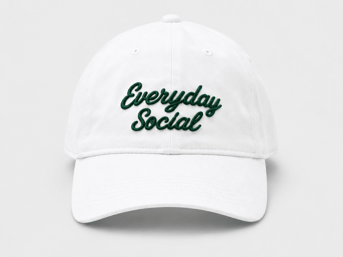 White EVERYDAY SOCIAL Signature Hat with green embroidered logo, front view